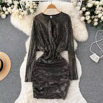 Осеннее платье для девочек с нишевым дизайном и блестками, с длинными рукавами и талией для похудения, женское платье на бедрах