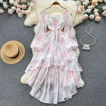 Осеннее платье феи с французским милым принтом, темпераментным квадратным воротником, маленьким мужским платьем с длинными рукавами и оборками на талии