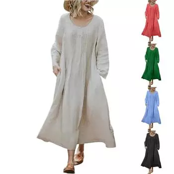 Осеннее платье из хлопка и льна с круглым вырезом, оборками и карманами, однотонное, с длинными рукавами L чёрный