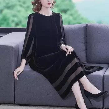 Осеннее платье из золотого бархата 2025 года для женщин среднего возраста: Элегантная, стильная и удобная длинная юбка L чёрный