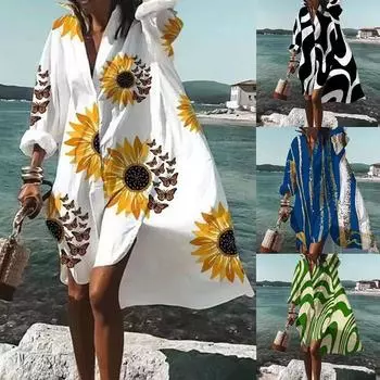 Осеннее платье мода досуг грация принт лацкан длинный рукав свободные вечерние пляжные женские рубашки платья MsChuh XXXXL белый
