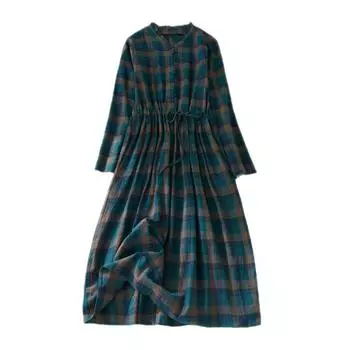 Осеннее платье Plus Retro с завышенной талией, утягивающее, со шнуровкой, средней длины, клетчатое платье для женщин, повседневные платья L синий