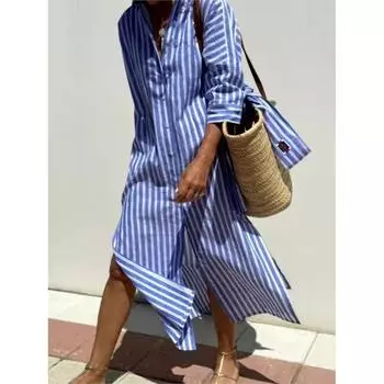 Осеннее платье-рубашка с длинным рукавом, элегантное длинное платье с поясом для женщин 2025 года, модное повседневное платье с принтом и пуговицами, воротником-лацканами, женское платье S синий