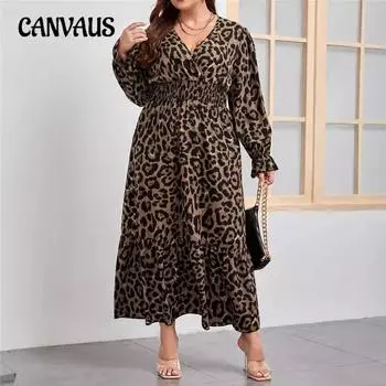 Осеннее платье с цветочным принтом и оборками на рукавах Платья больших размеров L цветной печати леопарда