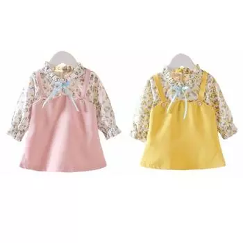 Осеннее платье с длинными рукавами для маленьких девочек, платье с цветочным воротником-стойкой, платье с двумя подтяжками, детское платье принцессы, костюм, детская элегантная юбка 100