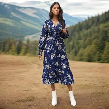 Осеннее платье с длинными рукавами и цветочным принтом S синий