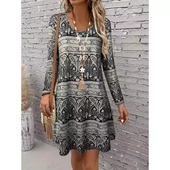 Осеннее платье с длинными рукавами и принтом для женщин S серый