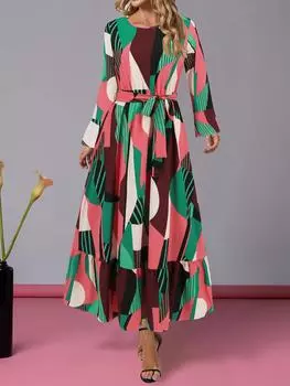 Осеннее платье с длинными рукавами и геометрическим рисунком, контрастным круглым вырезом, модное платье с длинными рукавами и поясом S красный