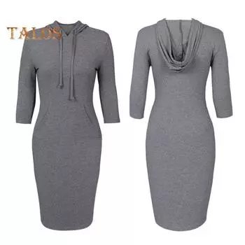 Осеннее платье с капюшоном и большим карманом, облегающее, с завязками на талии, эластичное, однотонное, облегающее мини-платье с рукавами 3/4, повседневное, для офиса, вечеринки, платье XL чёрный