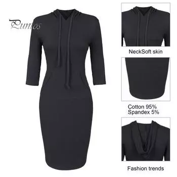 Осеннее платье с капюшоном и большим карманом, облегающее, с завязками на талии, эластичное, однотонное, облегающее мини-платье с рукавами 3/4, повседневное, для офиса, вечеринки, платье L чёрный