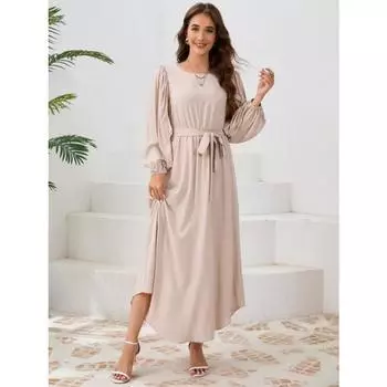 Осеннее платье с круглым вырезом и длинными рукавами-фонариками, женское повседневное однотонное платье А-силуэта S зелёный