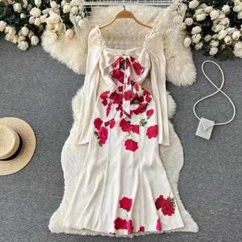 Осеннее платье с квадратным вырезом, белое винтажное платье с объемными рукавами, рыбий хвост, длиной до колена, темпераментное платье S белый