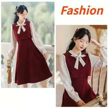 Осеннее платье с поддельными двумя женскими тонкими шикарными длинными рукавами и бантом, повседневное платье Y2k, женское корейское модное элегантное праздничное платье S вино красного