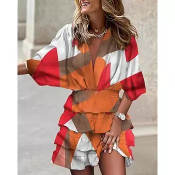 Осеннее платье с рукавами Batball и V-образным вырезом, неровным подолом для женщин S разноцветный