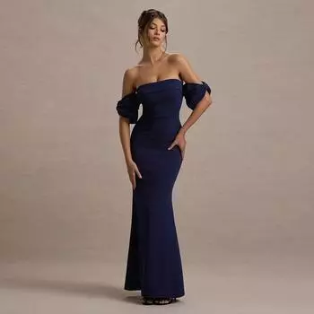 Осеннее платье с сумкой на бедрах Стиль дам Элегантное облегающее платье с рукавами-фонариками XS темно-синий