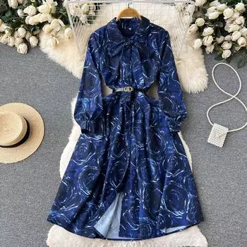 Осеннее платье с тонким цветочным принтом и длинными рукавами на талии в Европе и США с лацканами и розами S глубокий/синий