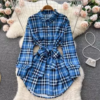 Осеннее платье с тонкой французской талией, женская новая маленькая клетчатая рубашка с длинными рукавами, короткая модная юбка