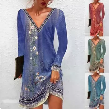 Осеннее платье с V-образным вырезом для женщин, винтажное, повседневное, с цветочным принтом, свободного кроя, с длинным рукавом, удобное, элегантное, большого размера S-5XL S синий
