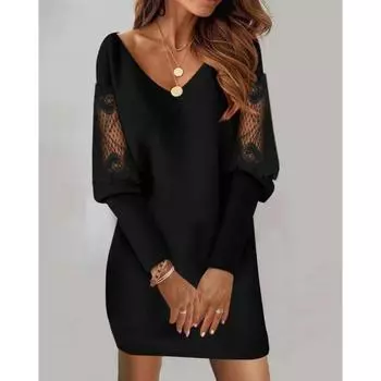 Осеннее платье с V-образным вырезом и длинными рукавами, кружевное, пэчворк, для женщин S чёрный
