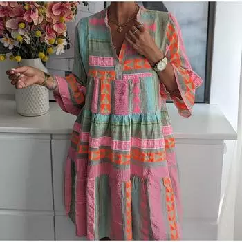 Осеннее платье с V-образным вырезом и укороченными рукавами, женские свободные платья с длинными расклешенными рукавами, цветные платья для отдыха, повседневные женские халаты миди S