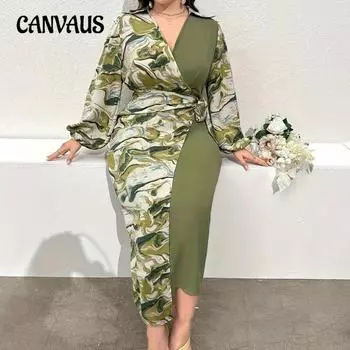 Осеннее платье с V-образным вырезом и длинными рукавами, элегантное женское платье больших размеров с цветными блоками L разноцветный