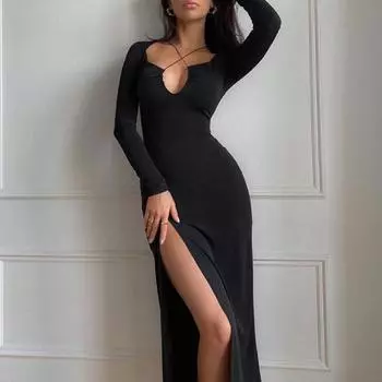 Осеннее платье со скрещенным декольте, женское лаконичное элегантное платье с боковыми выступами, женская уличная облегающая одежда, тонкий халат S чёрный