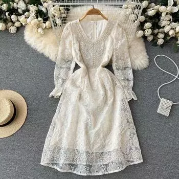 Осеннее платье, темперамент, богиня, веер, кружевное полое, с длинными рукавами, нишевое платье, расшитое бисером, с цветочным узором, женское платье