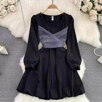 Осеннее платье трапециевидной формы с квадратным вырезом и талией во французском темпераменте, пышное сетчатое платье с бантом, маленькое черное платье
