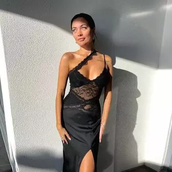Осеннее платье женское чистое желание сексуальное узкое диагональное плечо кружевное королевское сестринское платье S чёрный