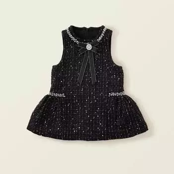 Осеннее платье-жилет без рукавов из грубого твида для девочек, зимнее детское черное элегантное платье с принтом страз, детские платья для вечеринок для девочек 90 чёрный