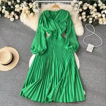 Осеннее плиссированное платье с v-образным вырезом и объемными рукавами, свободная ниша, тонкая драпировка, плиссированное платье, чувство темперамента