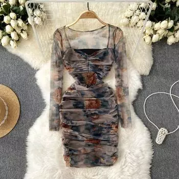 Осеннее плиссированное сетчатое платье средней длины с цветочным принтом в стиле ретро, женское платье средней длины