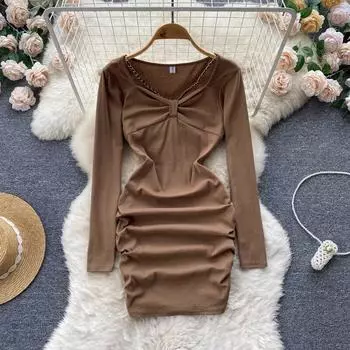 Осеннее плиссированное сексуальное платье с открытой талией и длинными рукавами Pure Desire, облегающее талию