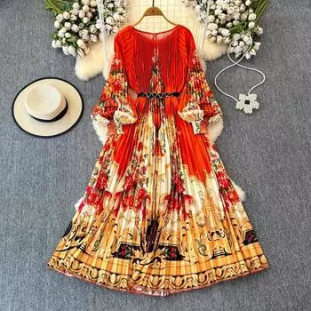 Осеннее плиссированное великолепное праздничное платье макси с цветочным принтом для женщин с круглым воротником и рукавами-фонариками, с высоким эластичным поясом, длинная одежда One Size