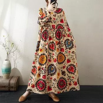 Осеннее плотное хлопковое конопляное набивное свободное платье большого размера Fat MM с длинным рукавом для женщин one size