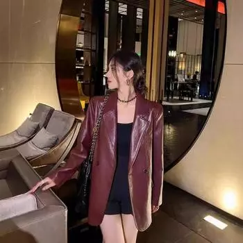 Осеннее поступление темно-красный костюм из искусственной кожи PU для женщин, высококачественная повседневная куртка в стиле ретро L красный