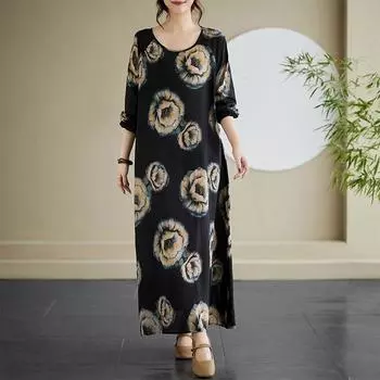 Осеннее повседневное художественное платье больших размеров с принтом, круглым вырезом и длинными рукавами для женщин one size