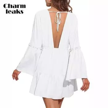 Осеннее повседневное платье Charmleaks с v-образным вырезом, свободное платье-туника, длинные рукава-колокол, струящиеся женские платья трапециевидной формы S-XL L синий