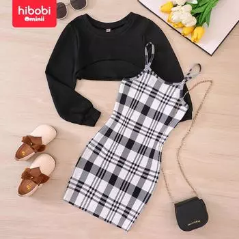 Осеннее повседневное платье-комбинация на бедрах в клетку hibobi для девочек + комплект из двух предметов с укороченным топом 4-5 Y чёрный