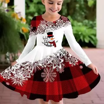 Осеннее повседневное платье с 3D клетчатым принтом снеговика для девочек, детское платье принцессы с круглым вырезом и длинными рукавами 80 красный