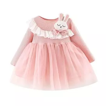 Осеннее повседневное сетчатое платье с длинными рукавами и кроликом для маленьких девочек, детские пышные платья принцессы L