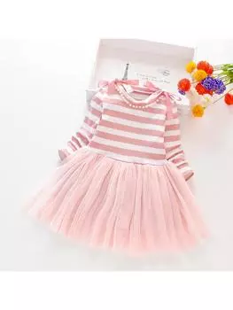 Осеннее повседневное сетчатое платье в полоску с длинными рукавами для маленьких девочек M чёрный