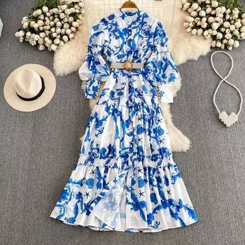 Осеннее праздничное красное и синее вечернее платье макси с принтом, женское однобортное однобортное платье с рукавами-фонариками на шнуровке, длинный свободный халат M синий