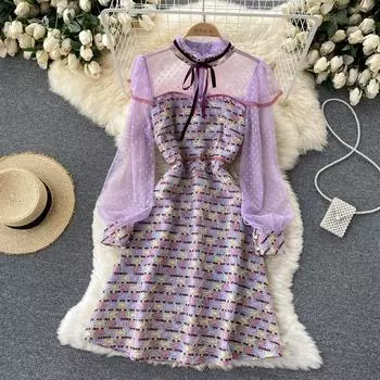 Осеннее придворное платье с деревянными ушками и воротником-стойкой, плавающим поясом, клетчатое кружевное сетчатое платье с вышивкой S лавандовый