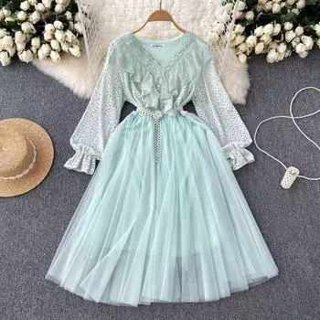 Осеннее прохладное сетчатое платье с нишевым дизайном в виде листьев лотоса и рукавами-фонариками на талии