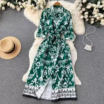 Осеннее прохладное женское платье трапециевидной формы во французском стиле с принтом ветра и талией во французском стиле