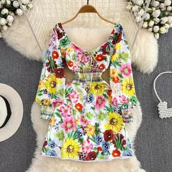 Осеннее ретро-дворцовый стиль, светское темпераментное платье-фонарь с длинными рукавами и глубоким v-образным вырезом на талии, утягивающее платье с открытой спиной