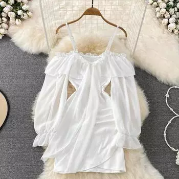 Осеннее ретро-гонконгский стиль, темпераментное платье трапециевидной формы с открытыми плечами и рюшами на одно плечо, модное тонкое платье трапециевидной формы с талией