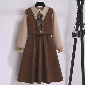 Осеннее ретро-платье-рубашка в стиле колледжа с длинными рукавами и лацканами для девочек 160 cm хаки