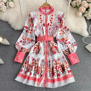 Осеннее ретро-стиль с круглым вырезом и рукавами-фонариками, кружевное платье с корсетом на талии, тонкое однобортное платье трапециевидной формы